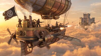 Steampunk Airship Battle Wallpaper